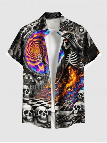 Plus Size Skull Skeleton Checkerboard Spiral Galaxy Fire Flame Print Halloween Button Pocket Shirt For Men - BLACK - M
