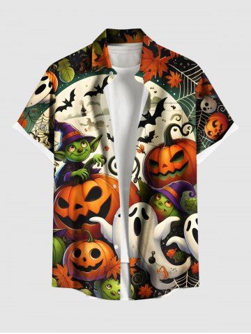 Plus Size Pumpkin Ghost Monster Bat Moon Spider Web Print Halloween Button Pocket Shirt For Men - ORANGE - M