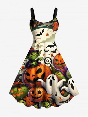 Plus Size Pumpkin Ghost Monster Bat Moon Spider Web Print Halloween A Line Tank Dress - ORANGE - XXS