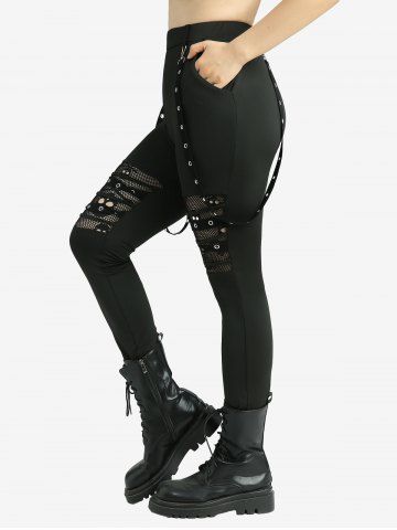 Plus Size Skulls Hollow Out Fish Net Patchwork Grommets Straps Leggings - BLACK - 4X | US 26-28