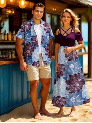 Two Tone Line Flower Print Plus Size Matching Hawaii Beach Outfit For Couples -  