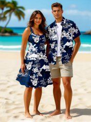 Flowers Tropical Leaf Coconut Tree Print Plus Size Matching Hawaii Beach Outfit For Couples -  