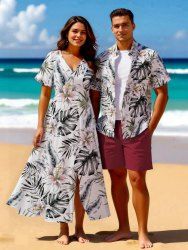 Tenue de plage hawaïenne assortie grande taille à imprimé feuilles tropicales et fleurs pour couples - Blanc 