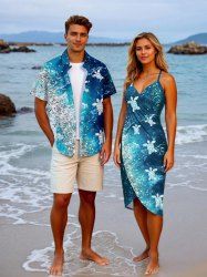 Turtle Sandstone Ombre Sea Waves Print Plus Size Matching Hawaii Beach Outfit For Couples -  