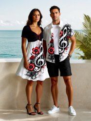 Flower Leaf Music Symbol Print Plus Size Matching Hawaii Beach Outfit For Couples -  