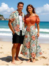Tenue de plage hawaïenne assortie grande taille à imprimé feuilles tropicales et fleurs d'hibiscus pour couples - Orange 