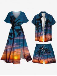 Tenue de plage hawaïenne assortie grande taille à imprimé cocotier et crépuscule pour couples - Bleu Marine 