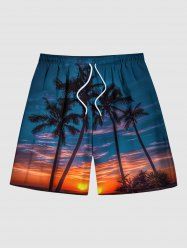 Plus Size Coconut Tree Ombre Dusk Sunset Print Hawaii Drawstring Pocket Beach Shorts For Men -  