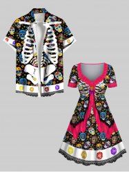 Halloween Skeleton Colorful Skulls Flowers Print Plus Size Matching Outfit For Couples -  