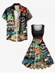 Skulls Pirate Ship Sea Waves Cruise Print Plus Size Matching Hawaii Beach Outfit For Couples -  
