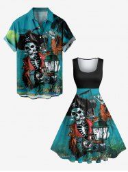 Tenue d'Halloween grande taille à imprimé tête de mort, bateau pirate, lanterne, pour couple - Vert 