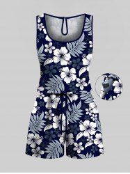 Plus Size Hibiscus Flowers Tropical Leaf Print Cinched Hawaii Romper -  