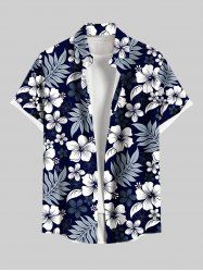 Plus Size Hibiscus Flowers Tropical Leaf Print Buttons Pocket Hawaii Shirt For Men -  