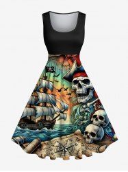 Robe vintage grande taille à imprimé tête de mort, bateau pirate, vagues, croisière, style hawaïen des années 1950 - Noir XXS