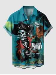 Plus Size Halloween Skull Pirate Ship Lantern Print Buttons Pocket Shirt For Men -  