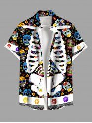 Plus Size Halloween Skeleton Colorful Skulls Flowers Print Buttons Pocket Shirt For Men -  
