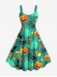 Plus Size Halloween Pumpkin Ghost Skulls Spider Bat Maple Leaf Print Tank Dress -  