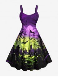 Plus Size Halloween Bat Moon Tree Cross Tombstone Print Tank Dress -  