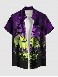 Plus Size Halloween Bat Moon Tree Cross Tombstone Print Buttons Pocket Shirt For Men -  