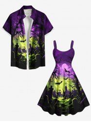 Halloween Bat Moon Tree Cross Tombstone Print Plus Size Matching Outfit For Couples -  