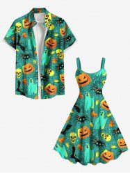 Tenue d'Halloween grande taille assortie pour couples, motif citrouille, fantôme, crâne, araignée, chauve-souris, feuille d'érable - Vert 