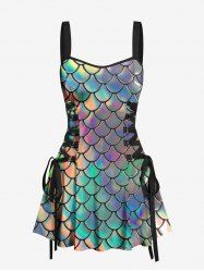 Plus Size Colorful Mermaid Fish Scale Print Lace Up Hawaii Tank Dress -  