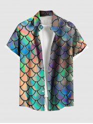 Plus Size Colorful Mermaid Fish Scale Print Buttons Pocket Hawaii Shirt For Men -  