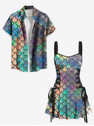 Colorful Mermaid Fish Scale Print Plus Size Matching Hawaii Beach Outfit For Couples -  