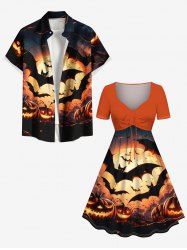 Halloween Pumpkin Lantern Bat Glitter Moon Print Plus Size Matching Outfit For Couples -  