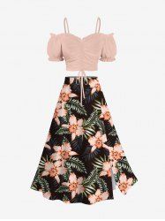 Solid Cinched Top and Tropical Leaf Hibiscus Flower Print Hawaii Split A Line Skirt Plus Size Matching Set -  