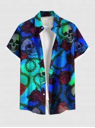 Plus Size Skull Rose Flower Vine Ombre Print Halloween Button Pocket Shirt For Men -  