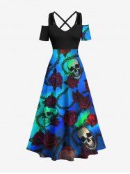 Plus Size Skull Rose Flower Vine Ombre Print Halloween Cold Shoulder Crisscross A Line Maxi Dress -  
