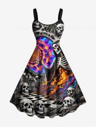 Plus Size Skull Skeleton Checkerboard Spiral Galaxy Fire Flame Print Halloween A Line Tank Dress -  