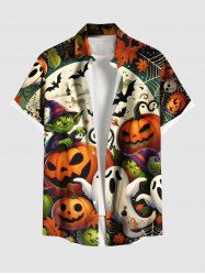 Plus Size Pumpkin Ghost Monster Bat Moon Spider Web Print Halloween Button Pocket Shirt For Men -  