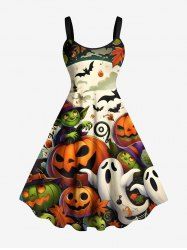 Plus Size Pumpkin Ghost Monster Bat Moon Spider Web Print Halloween A Line Tank Dress -  