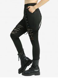 Plus Size Skulls Hollow Out Fish Net Patchwork Grommets Straps Leggings -  
