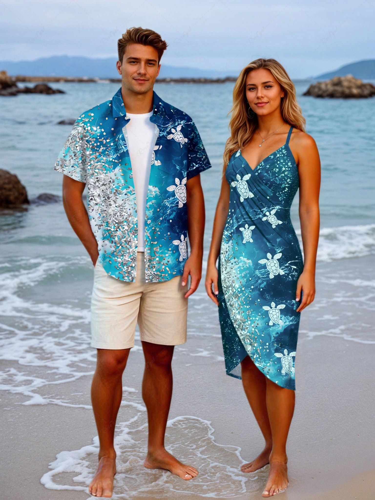 Buy Turtle Sandstone Ombre Sea Waves Print Plus Size Matching Hawaii Beach Outfit For Couples  