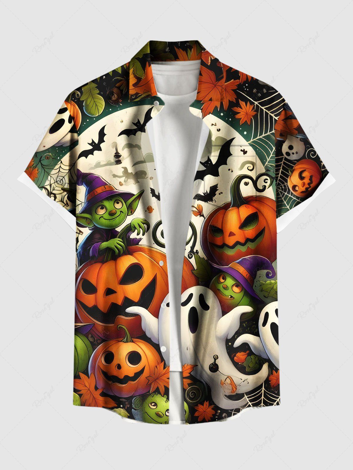 Chemise grande taille à imprimé citrouille, fantôme, monstre, chauve-souris, lune, toile d'araignée, boutonnée, pour homme Orange M