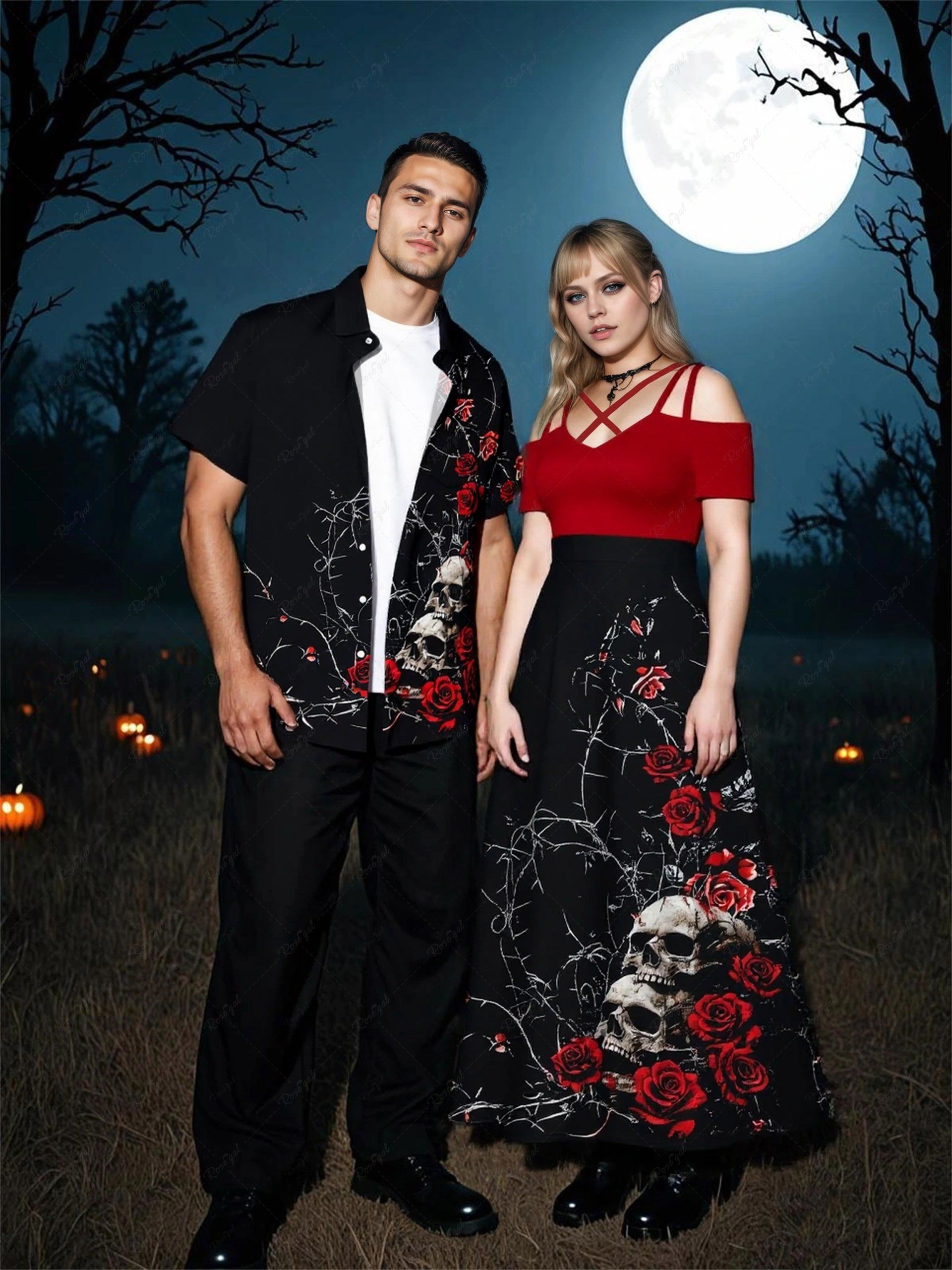 Cheap Halloween Costume Rose Flower Skulls Print Plus Size Matching Outfit For Couples  