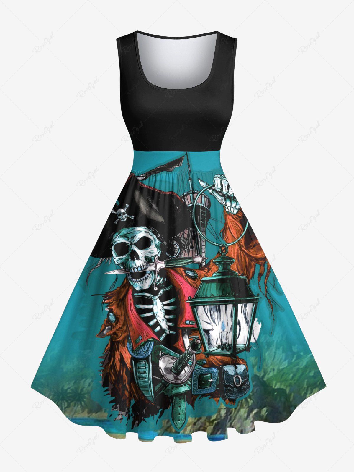Outfits Plus Size Halloween Skull Pirate Ship Lantern Print 1950s Vintage Dress  