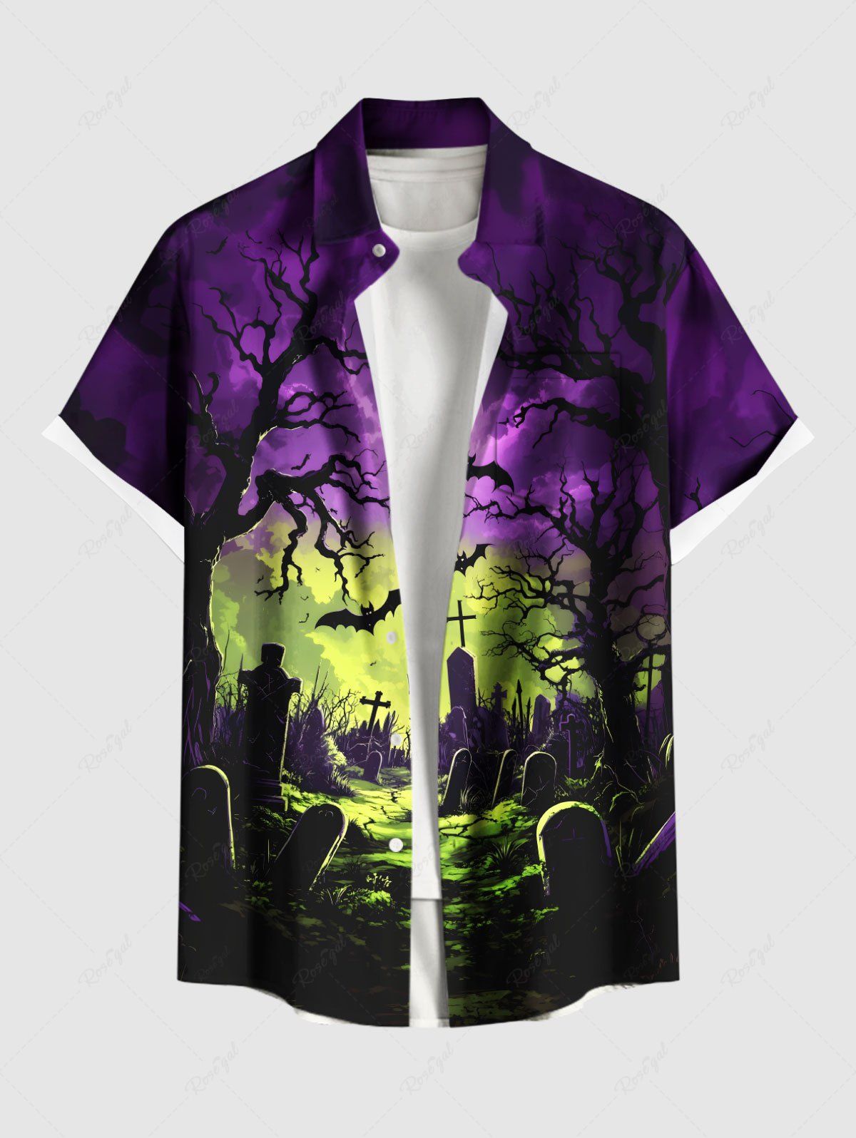 Chemise grande taille à boutons et poches pour homme, motif chauve-souris, lune, arbre, croix, pierre tombale, imprimé Halloween Noir 4XL
