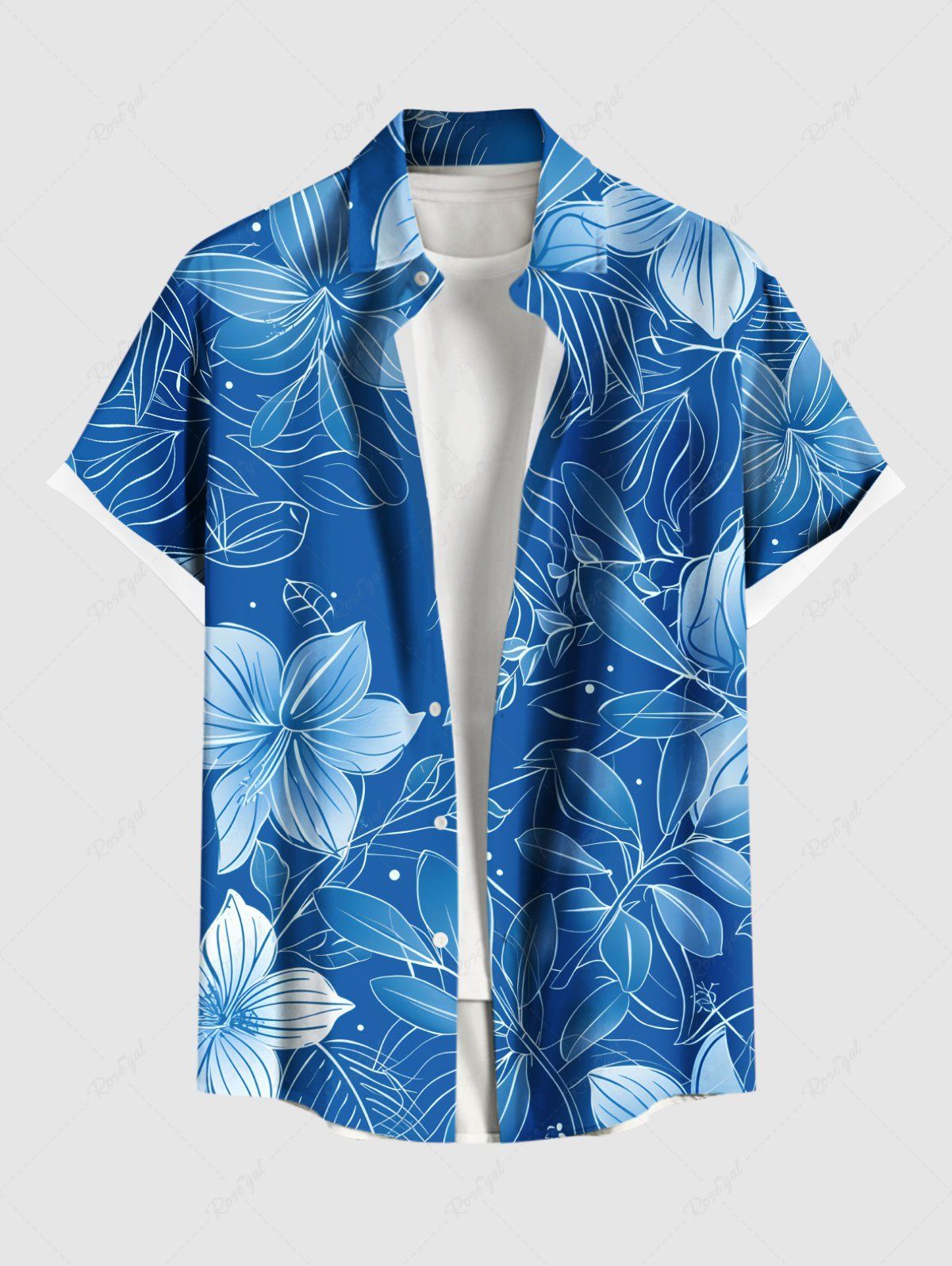 Chemise hawaïenne grande taille à imprimé fleurs et feuilles, avec poches et boutons, pour homme Bleu Ciel S