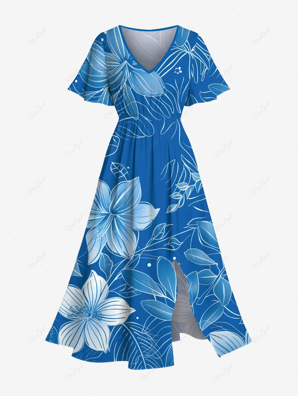Robe mi-longue hawaïenne fendue à imprimé fleurs et feuilles grande taille Bleu Ciel XXS