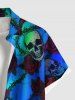 Plus Size Skull Rose Flower Vine Ombre Print Halloween Button Pocket Shirt For Men -  