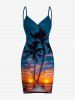 Tenue de plage hawaïenne assortie grande taille à imprimé cocotier et coucher de soleil pour couples - Bleu Marine 