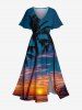 Tenue de plage hawaïenne assortie grande taille à imprimé cocotier et crépuscule pour couples - Bleu Marine 