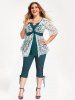 Hot Stamping Flower Lace Twist 2 In 1 Top and Lace-up Capri Pants Plus Size Outfit -  