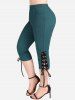Hot Stamping Flower Lace Twist 2 In 1 Top and Lace-up Capri Pants Plus Size Outfit -  