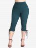 Hot Stamping Flower Lace Twist 2 In 1 Top and Lace-up Capri Pants Plus Size Outfit -  