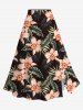 Solid Cinched Top and Tropical Leaf Hibiscus Flower Print Hawaii Split A Line Skirt Plus Size Matching Set -  